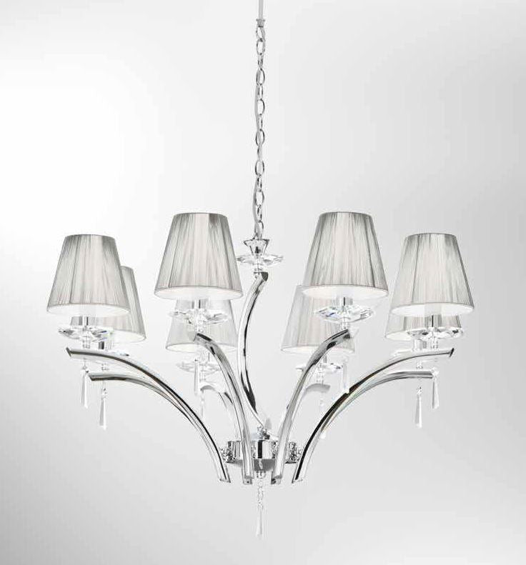 Sospensione 8 luci in metallo cromato cristalli K9 paralumi tessuto silver 8XE14 non incl. ORCHESTRA Sospensione 8 luci in metallo cromato cristalli K9 paralumi tessuto silver 8XE14 non incl. ORCHESTRA